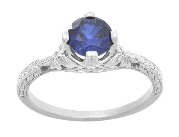 Art Deco Floral Filigree Lab Grown Blue Sapphire Solitaire Promise Ring in Sterling Silver - Item: SSR356S - Image: 4