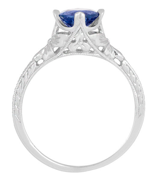 Art Deco Floral Filigree Lab Grown Blue Sapphire Solitaire Promise Ring in Sterling Silver - Item: SSR356S - Image: 6