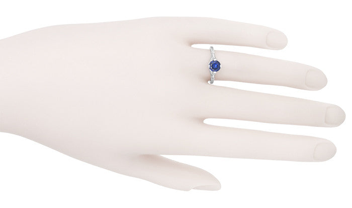 Art Deco Floral Filigree Lab Grown Blue Sapphire Solitaire Promise Ring in Sterling Silver - Item: SSR356S - Image: 7