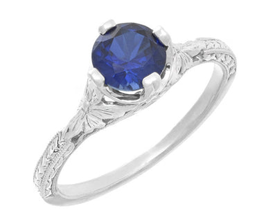 Art Deco Floral Filigree Lab Grown Blue Sapphire Solitaire Promise Ring in Sterling Silver - alternate view