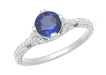 Art Deco Floral Filigree Lab Grown Blue Sapphire Solitaire Promise Ring in Sterling Silver