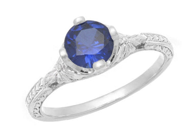 Art Deco Floral Filigree Lab Grown Blue Sapphire Solitaire Promise Ring in Sterling Silver