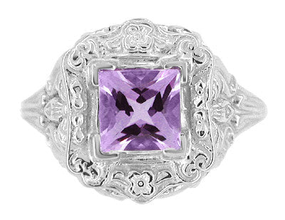 Art Nouveau Princess Cut Amethyst Ring in Sterling Silver - Item: SSR615AM - Image: 3