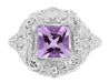 Art Nouveau Princess Cut Amethyst Ring in Sterling Silver