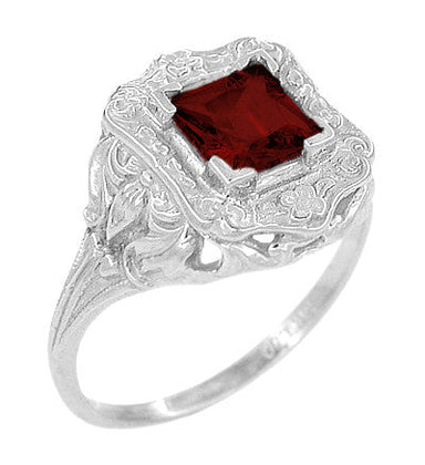 Princess Cut Garnet Art Nouveau Promise Ring in Sterling Silver