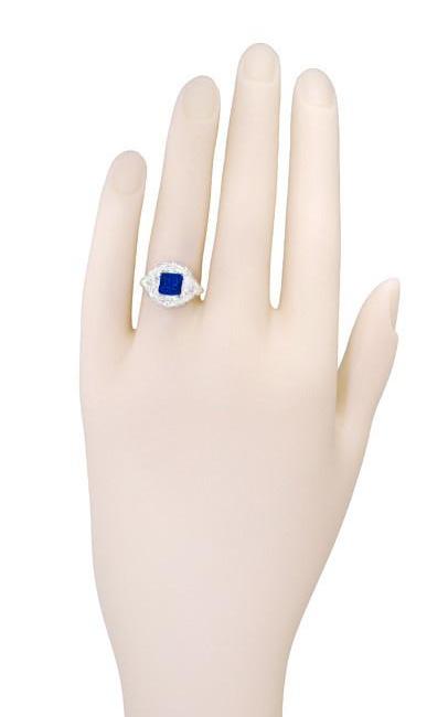 Art Nouveau Princess Cut Sapphire Ring in Sterling Silver - Item: SSR615S - Image: 6