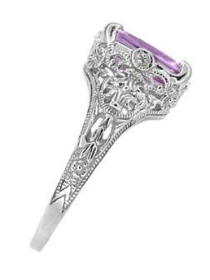 Edwardian Filigree Emerald Cut Amethyst Ring in Sterling Silver - Item: SSR618AM - Image: 3