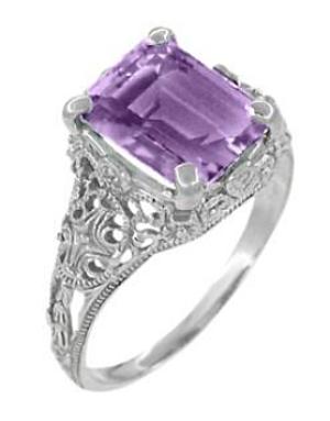 Edwardian Filigree Emerald Cut Amethyst Ring in Sterling Silver - alternate view