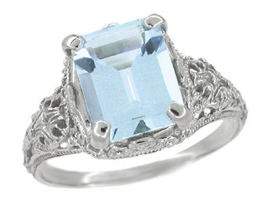 Edwardian Filigree Emerald Cut Blue Topaz Ring in Sterling Silver