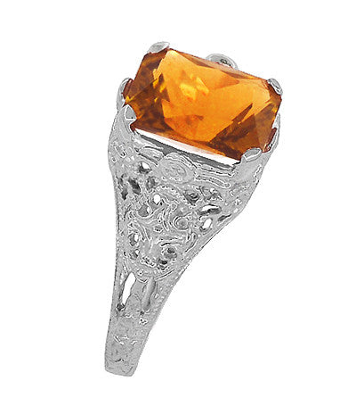 Edwardian Filigree Emerald Cut Citrine Ring in Sterling Silver - Item: SSR618C - Image: 3
