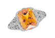 Edwardian Filigree Emerald Cut Citrine Ring in Sterling Silver