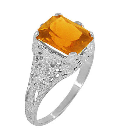 Edwardian Filigree Emerald Cut Citrine Ring in Sterling Silver - alternate view