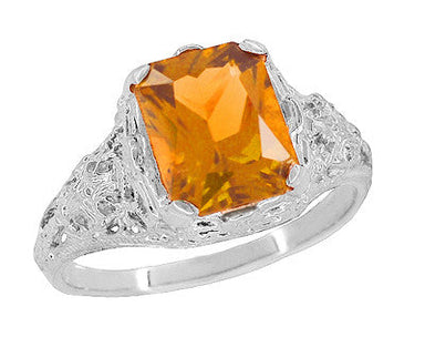 Edwardian Filigree Emerald Cut Citrine Ring in Sterling Silver