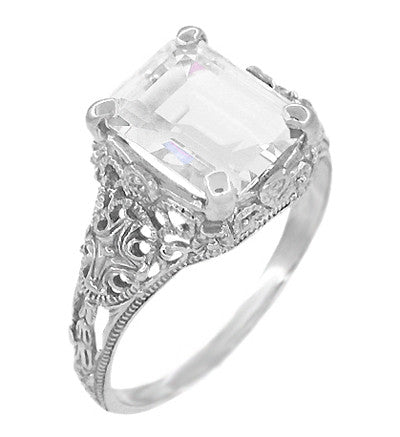 Edwardian Filigree 5.6 Carat Emerald Cut Cubic Zirconia ( CZ ) Ring in Sterling Silver - Item: SSR618CZ - Image: 2