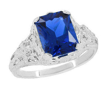 Edwardian Filigree Lab Grown Blue Sapphire Ring in Sterling Silver | Radiant Cut 3.75 Carat Sapphire Statement Ring