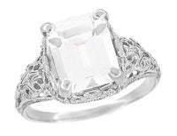 Edwardian Filigree Emerald Cut White Topaz Ring in Sterling Silver