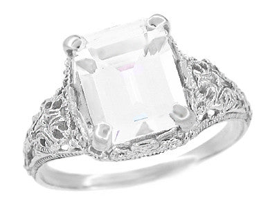 Edwardian Filigree Emerald Cut White Topaz Ring in Sterling Silver