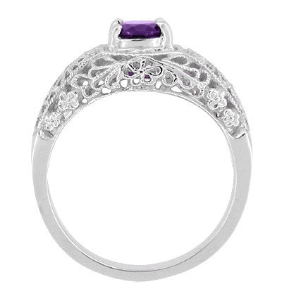 Edwardian Filigree Flowers Amethyst Dome Promise Ring in Sterling Silver - Item: SSRV16A-12 - Image: 2