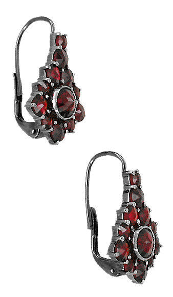 Side Leverback Victorian Bohemian Red Garnet Earrings in Sterling Silver with Antique Finish - AE144