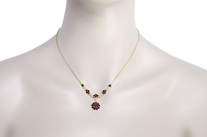 Gorgeous Victorian Bohemian Garnet Floral Drop Necklace in Sterling Silver with Yellow Gold Vermeil - Item: N111-16 - Image: 3