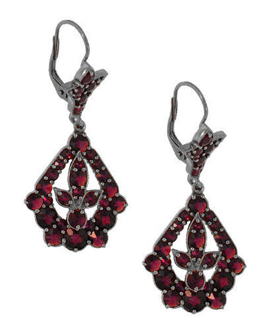 Victorian Bohemian Garnet Leaf Drop Earrings in Antiqued Sterling Silver - alternate view