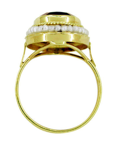 Victorian Oval Almandine Red Garnet and Seed Pearl Ring in 14 Karat Yellow Gold - alternate view