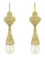 Victorian Fleur de Lys Pearl Drop Earrings in 14 Karat Yellow Gold