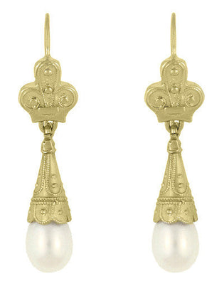 Victorian Fleur de Lys Pearl Drop Earrings in 14 Karat Yellow Gold