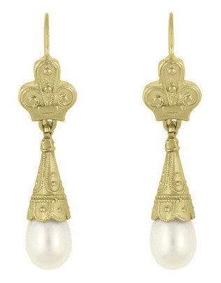 Victorian Fleur de Lys Pearl Drop Earrings in 14 Karat Yellow Gold