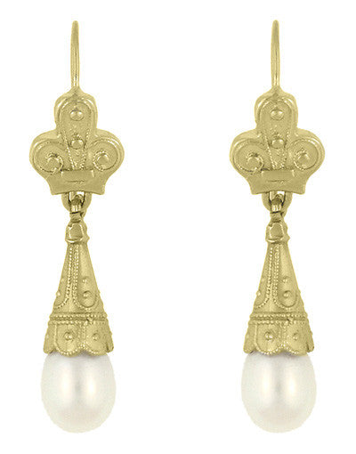 Victorian Fleur de Lys Pearl Drop Earrings in 14 Karat Yellow Gold