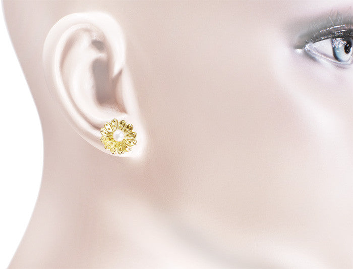 Victorian Sunflower Pearl Stud Earrings in 14 Karat Yellow Gold - Item: E121 - Image: 2