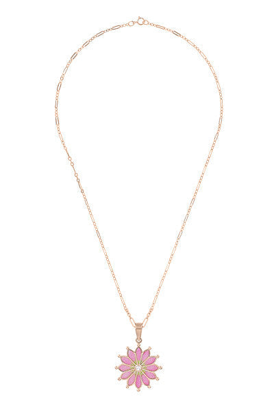 Plique a Jour Enamel Flower Pendant Necklace in Rose Gold Vermeil Sterling Silver with White Sapphire | Art Nouveau 1910 Vintage Replica - Item: P121R - Image: 3