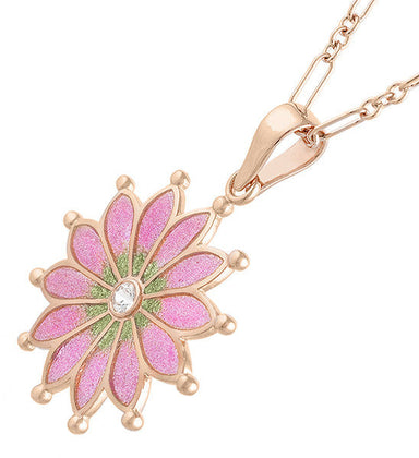 Plique a Jour Enamel Flower Pendant Necklace in Rose Gold Vermeil Sterling Silver with White Sapphire | Art Nouveau 1910 Vintage Replica - alternate view