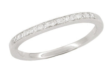White Sapphire Curved Wedding Band in 14 Karat White Gold with Milgrain Edges