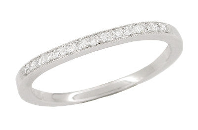 White Sapphire Curved Wedding Band in 14 Karat White Gold with Milgrain Edges