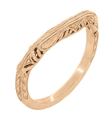 Art Deco Filigree and Wheat Engraved Curved Wedding Ring in 14 Karat Rose Gold