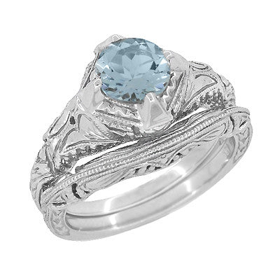 Art Deco Filigree and Wheat Engraved Curved Wedding Ring in White Gold - Item: WR161W - Image: 5