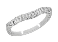 Art Deco Filigree and Wheat Engraved Curved Wedding Ring in White Gold