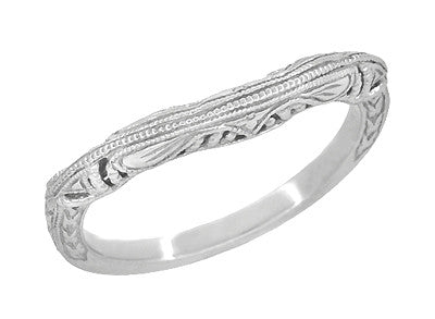 Art Deco Filigree and Wheat Engraved Curved Wedding Ring in White Gold