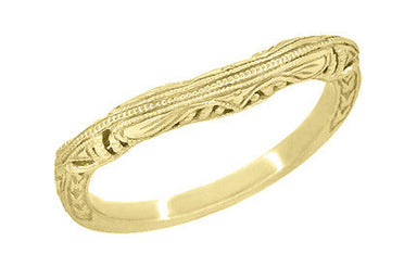 Art Deco Filigree and Wheat Engraved Curved Wedding Ring in Yellow Gold