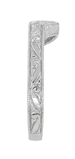 Art Deco Engraved Scrolls and Wheat Curved Wedding Band in 18 Karat White Gold - Item: WR178 - Image: 4