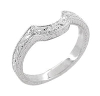 Art Deco Engraved Scrolls and Wheat Curved Wedding Band in 18 Karat White Gold