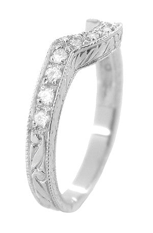 Curved Heirloom Carved Scrolls and Wheat Art Deco Diamond Wedding Band in 18 Karat White Gold - Item: WR178D - Image: 3