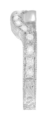 Curved Heirloom Carved Scrolls and Wheat Art Deco Diamond Wedding Band in 18 Karat White Gold - Item: WR178D - Image: 4