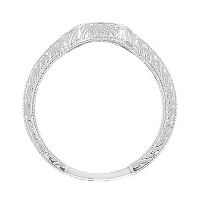 Curved Heirloom Carved Scrolls and Wheat Art Deco Diamond Wedding Band in 18 Karat White Gold - Item: WR178D - Image: 5