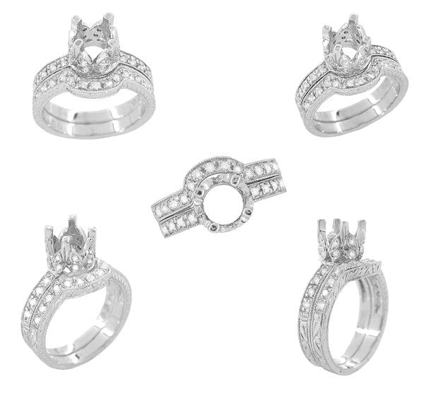 Curved Heirloom Carved Scrolls and Wheat Art Deco Diamond Wedding Band in 18 Karat White Gold - Item: WR178D - Image: 7