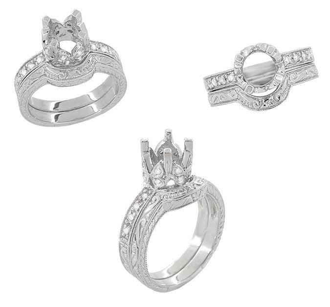 Art Deco Scrolls and Wheat Engraved Platinum Rounded Curved Wedding Band - Item: WR178P - Image: 6
