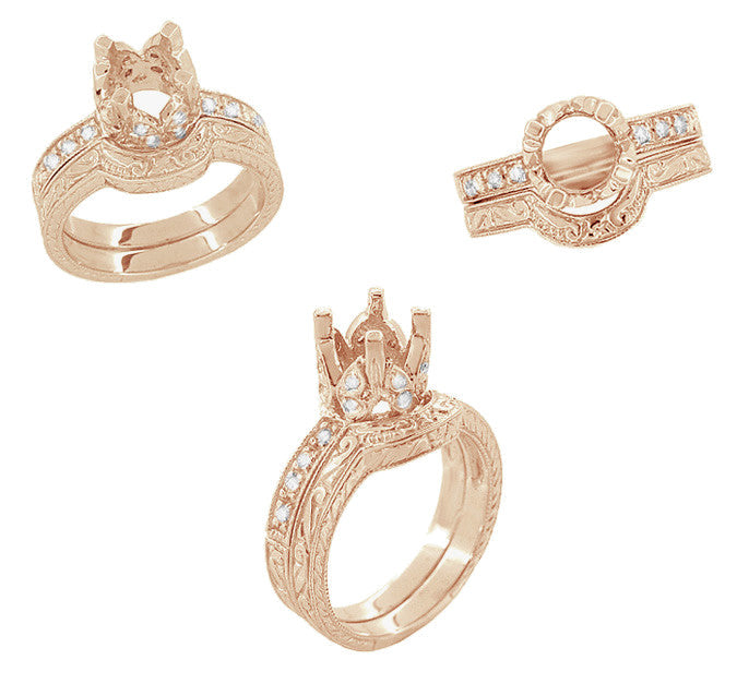 Vintage Engraved Art Deco Wheat and Scrolls 14 Karat Rose Gold Curved Wedding Band - Item: WR178R - Image: 6