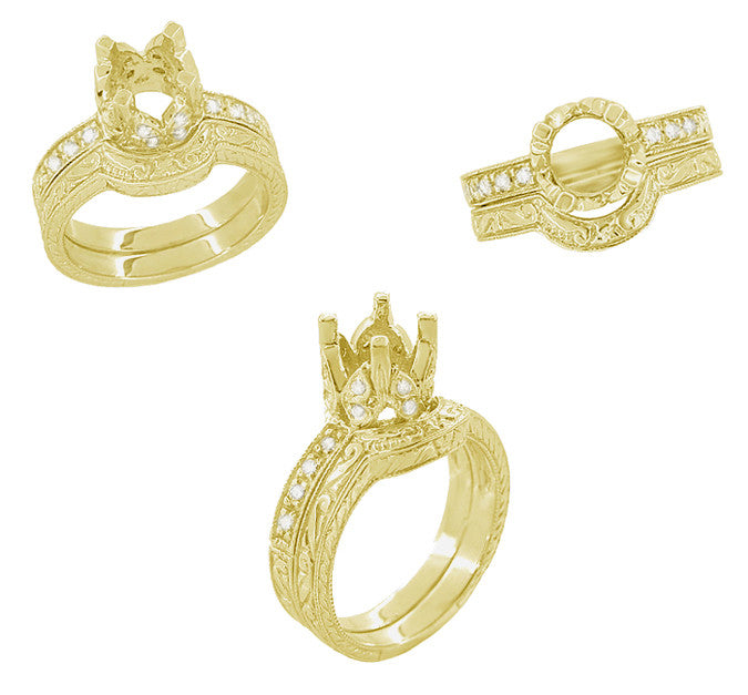 Art Deco Engraved Scrolls and Wheat Curved Wedding Band in 18 Karat Yellow Gold - Item: WR178Y - Image: 6