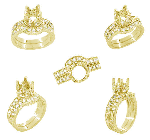 18 Karat Yellow Gold Art Deco Engraved Wheat and Scrolls Curved Hugger Diamond Wedding Band - Item: WR178YD - Image: 7